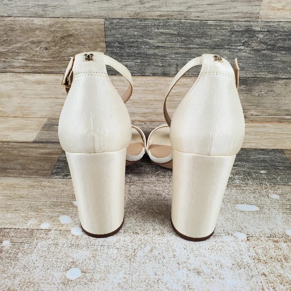 Sam Edelman Yaro Womens Sandal Sz 8.5 W Block Heel Pearl Ivory Satin Ankle Strap
